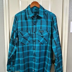 Men’s Demons Behind Me "Survivor" teal flannel shirt with black plaid